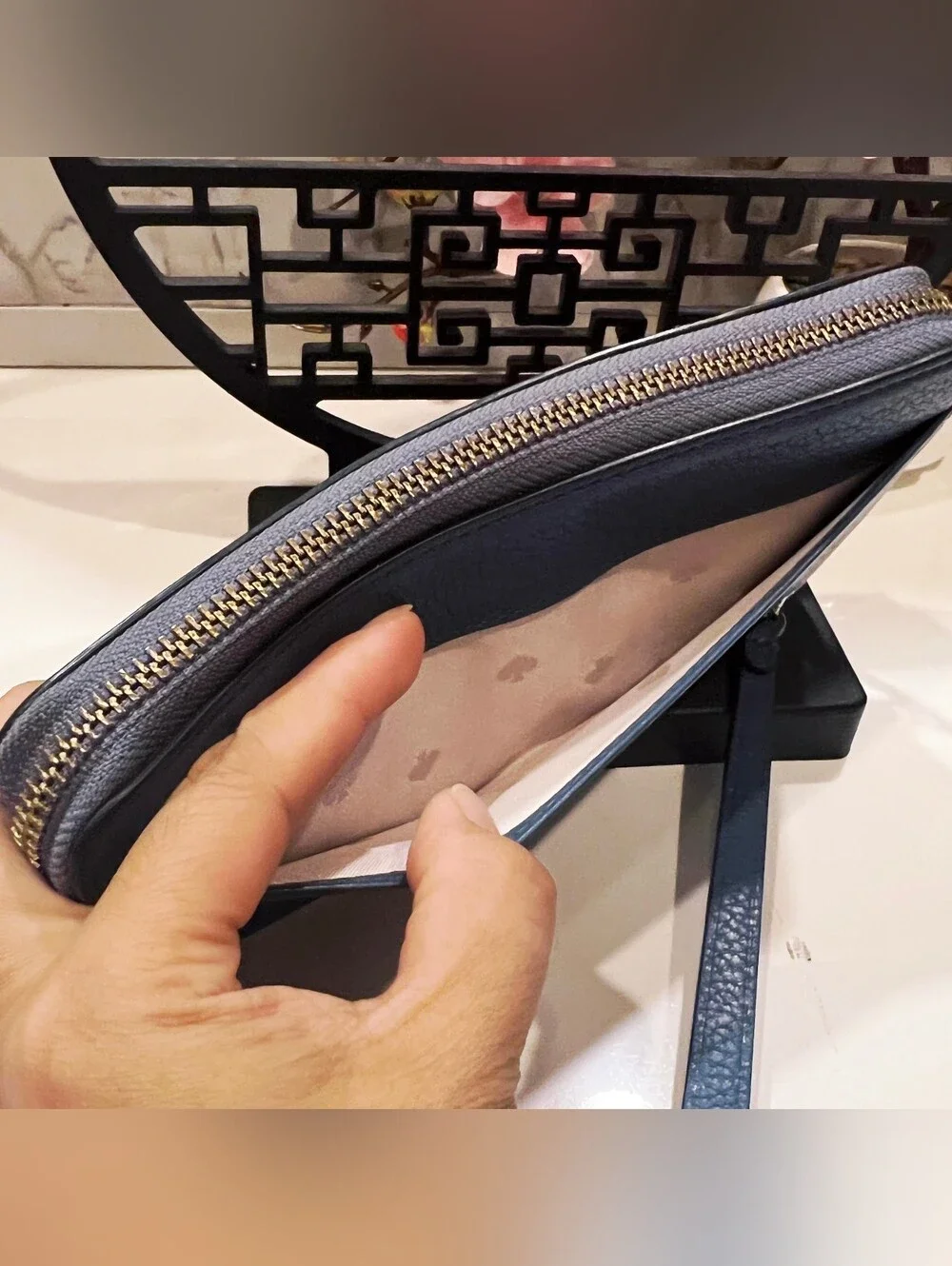 kate spade Blue Pebbled Leather Wristlet with Gold Logo